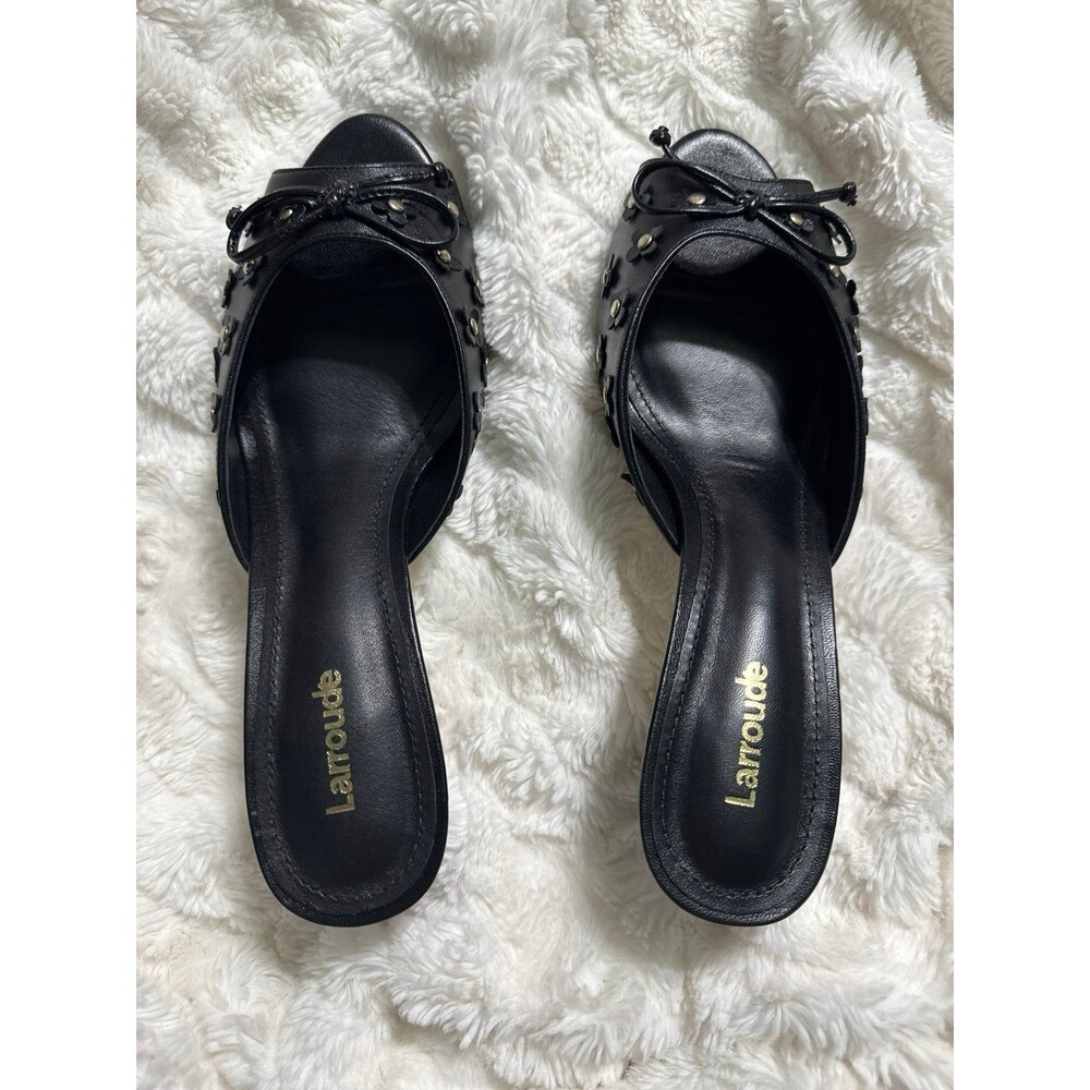 Larroude Jasmine Black Studded Leather Mule Peep Toe Heel - Picture 9 of 9